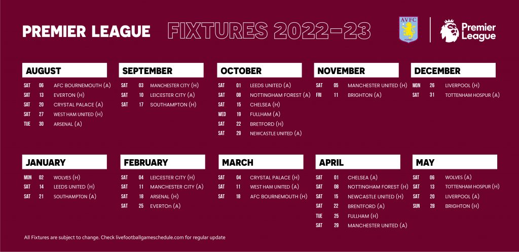 Aston Villa Schedule Premier League