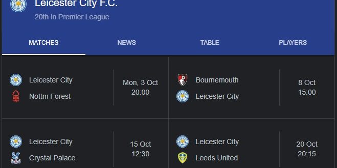 Leicester City Schedule Premier League 2022/23 Season
